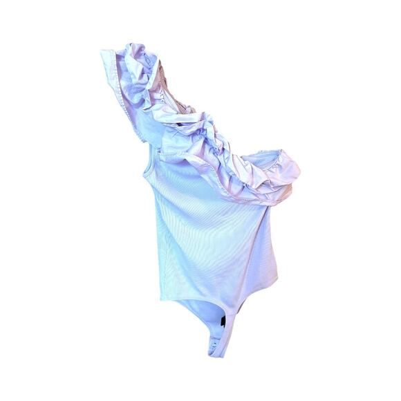 Express Bodysuit - Small - Lilac Light Vibrant Purple One Shoulder with Ruffles - Picture 2 of 8